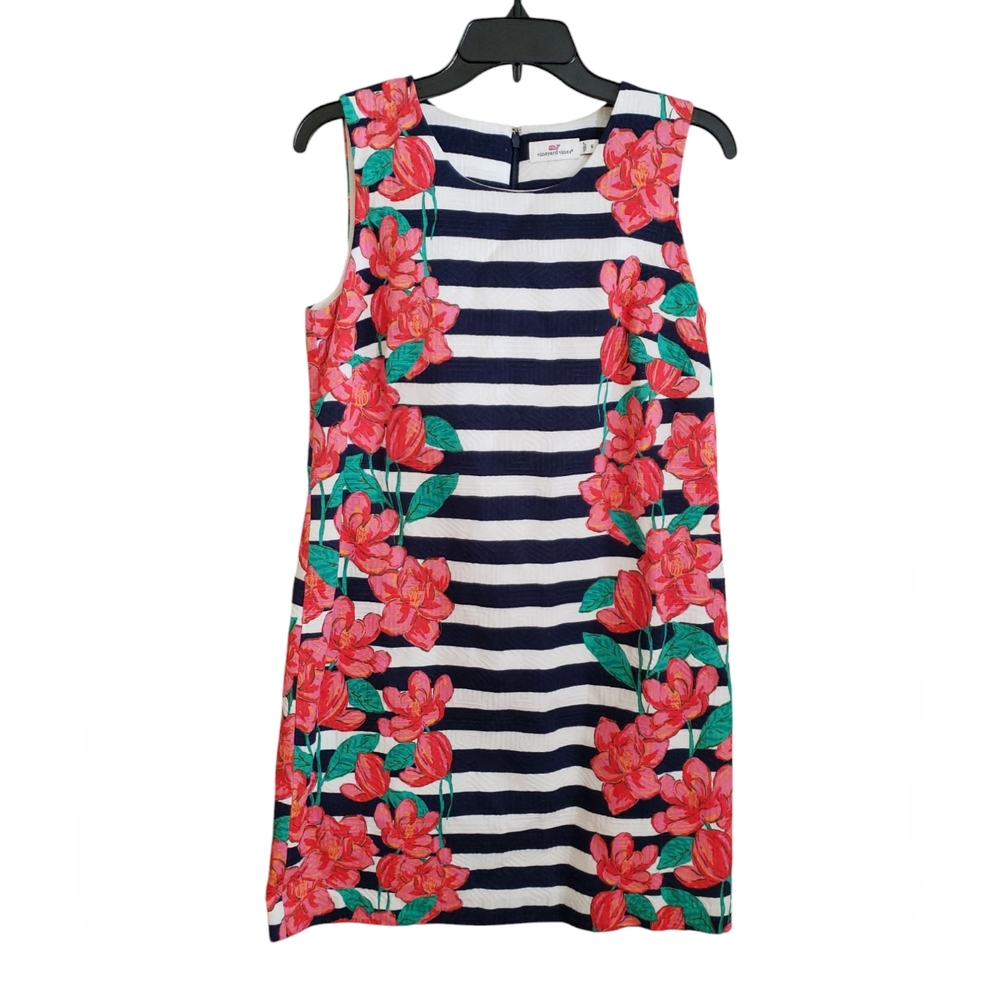 Vineyard Vines Navy & White Striped Dress with Pink Flowers Size 6